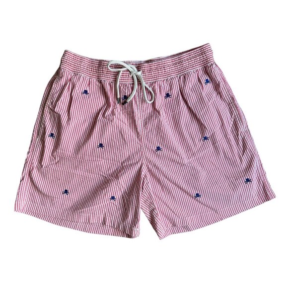 Polo Ralph Lauren Mens Seersucker Pinstripe Skull Embroidered Swim Shorts M Red - Picture 3 of 8